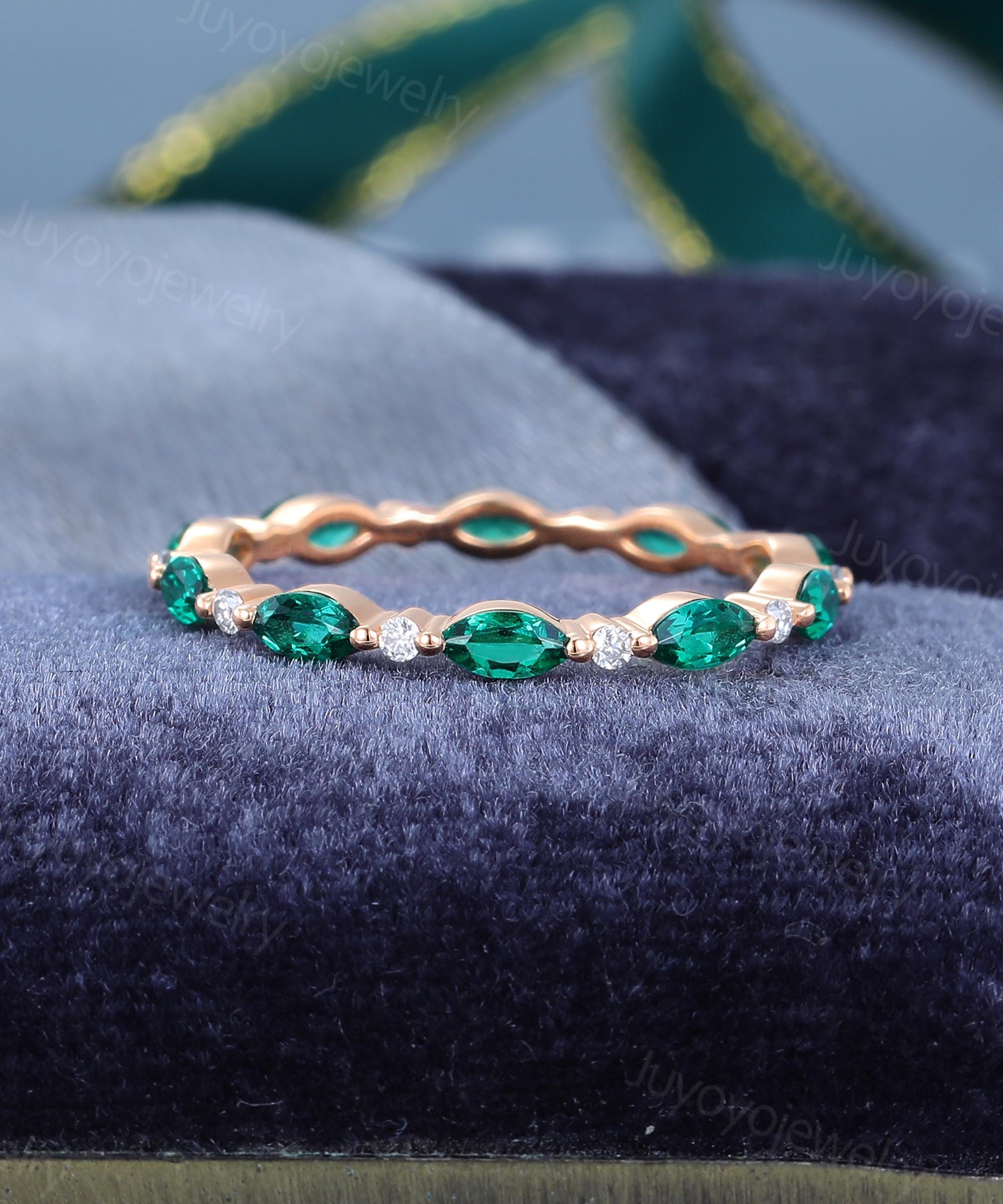 Emerald Wedding Band Solid Gold Vintage Marquise Cut Ring Full Eternity ...
