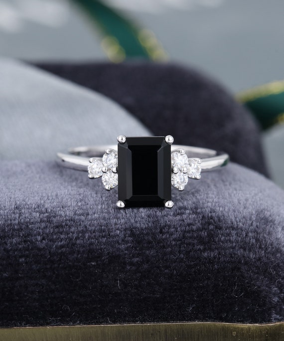Emerald Cut Black Onyx Engagement Ring Women Diamond White Etsy Emerald Cut Black Onyx Engagement Ring Women Diamond White Etsy