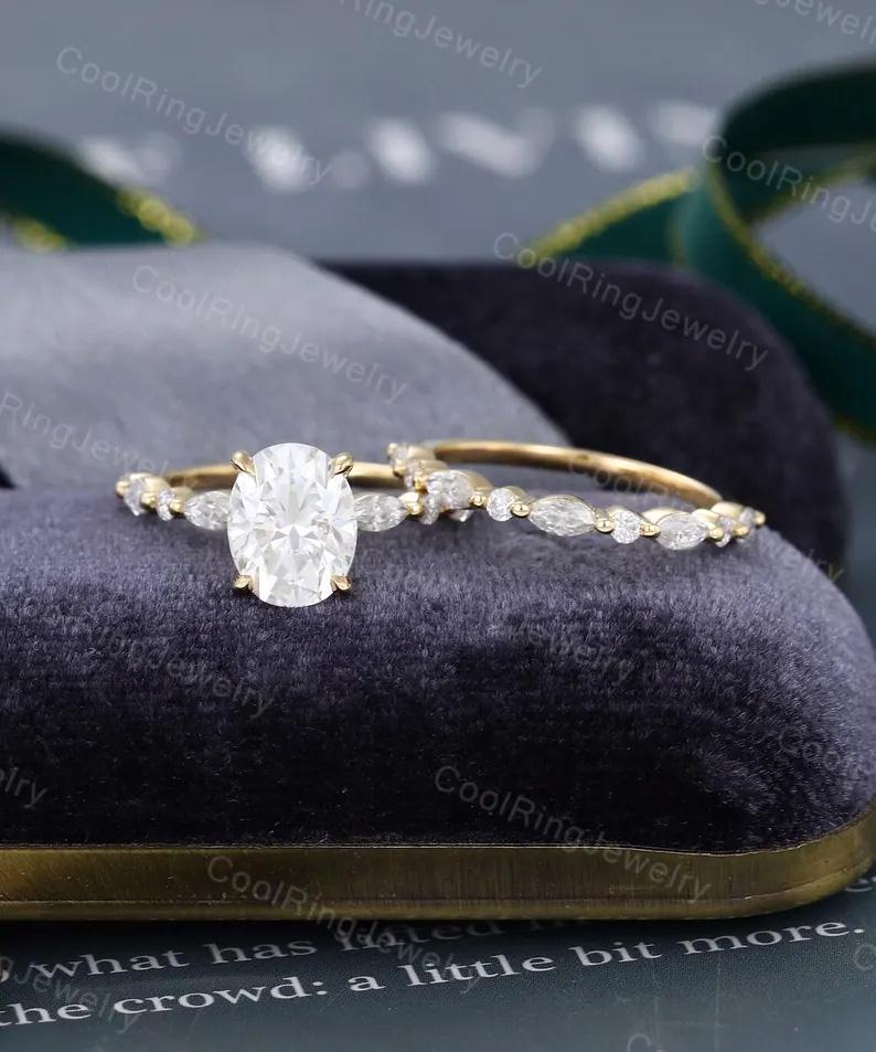 Oval cut Moissanite engagement ring set Yellow gold engagement ring Half eternity Marquise cut vintage ring art deco Promise gift for women