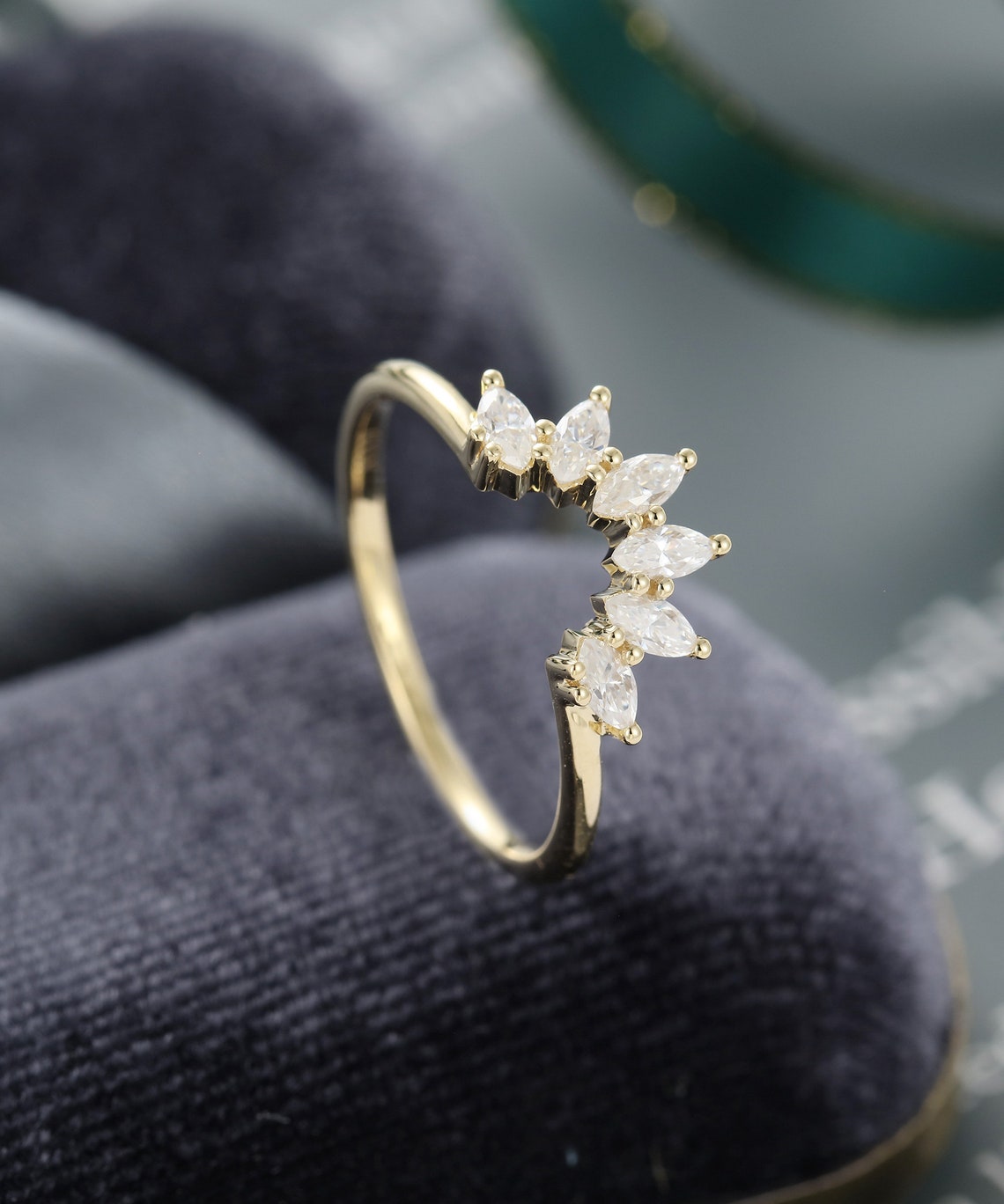 Curved Wedding Band Yellow Gold Unique Marquise Cut Moissanite /diamond ...