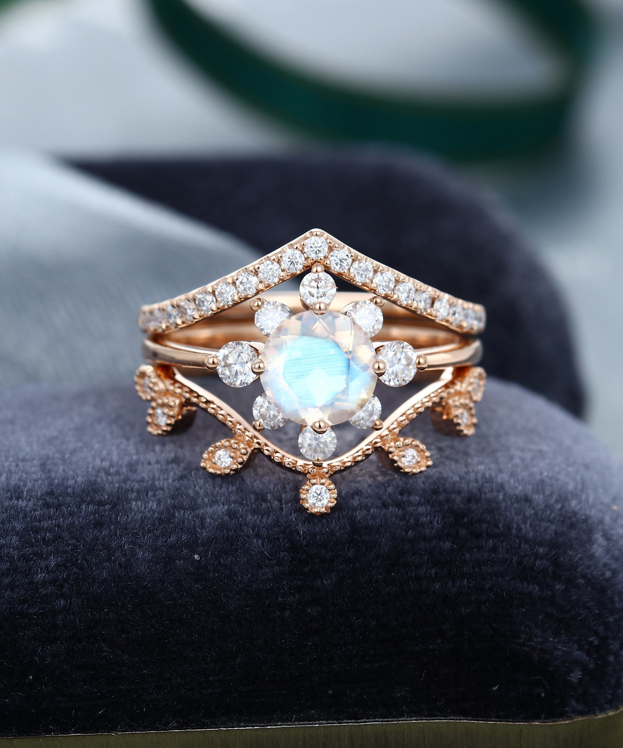 Rose gold Moonstone engagement ring set Unique Flower Halo | Etsy