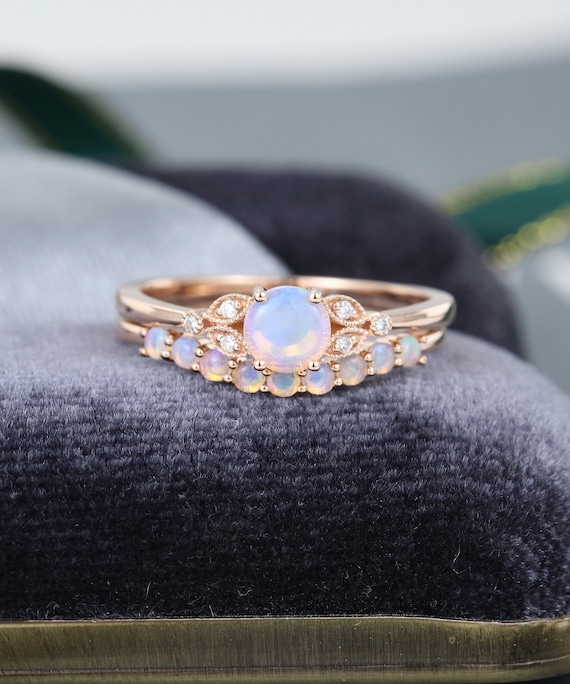2PCS Natural Opal Engagement Ring Set Vintage Cluster Diamond | Etsy