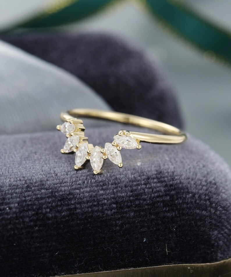 Curved Wedding Band Yellow Gold Unique Marquise Cut Moissanite /diamond ...
