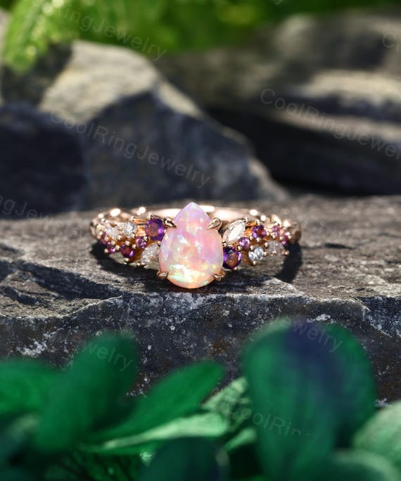 Pear Shaped Pink Opal Engagement Ring 3/4 Eternity Twisted Ring
