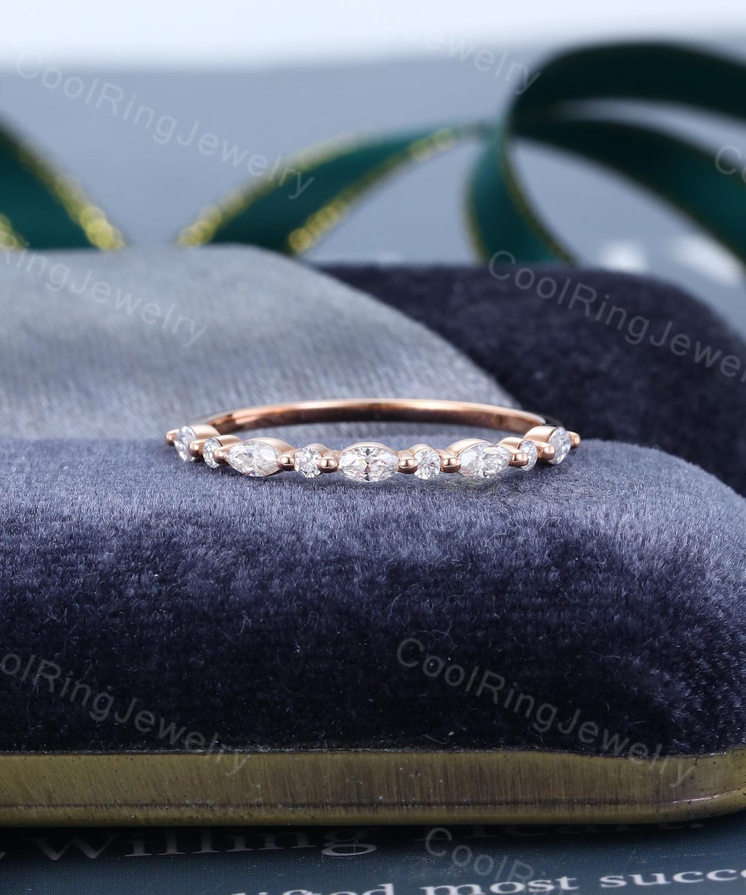 Half Eternity Moissanite Wedding Band Solid Rose Gold Vintage Marquise ...