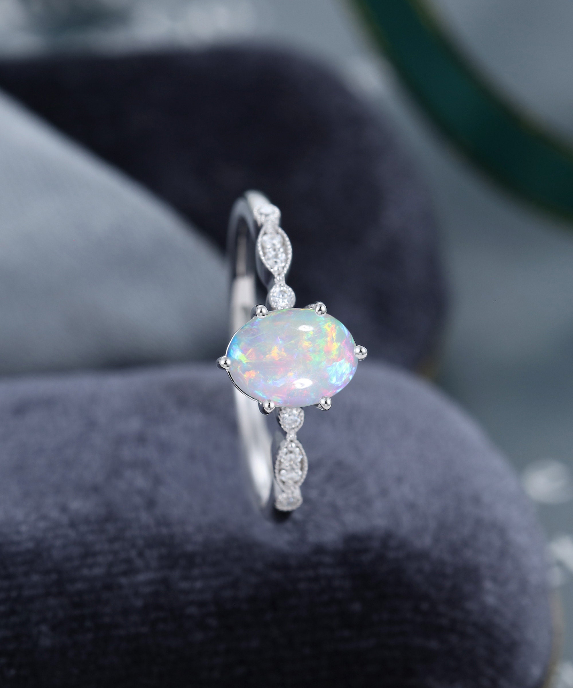 White Gold Oval Cut Opal Engagement Ring Vintage Unique - Etsy