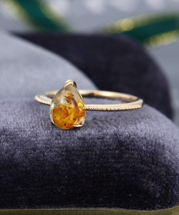 Pear Shaped Amber Engagement Ring Yellow Gold Vintage Engagement Ring  Antique Art Deco Bridal Anniversary Gift for Her -  Canada