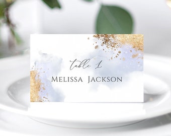 Dusty Blue and Gold Place Card Template, Wedding Escort Cards Template, Seating Card, Luxury Name Card, Editable Card, Download #034-109