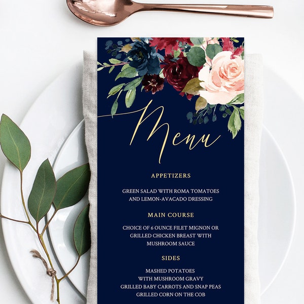 Wedding Menu Template, Wedding Dinner Menu, Navy Blue Burgundy and Gold Reception Card Printable, Bohemian Flower Wedding Menu Card #019-119