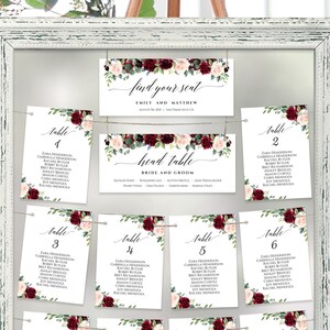 Bourgondische bruiloft hangende zitplaatsen grafiek sjabloon, Bourgondische bloemen bruiloft zitplaatsen plan bewerkbare sjabloon, bloem hangende kaarten downloaden, SCH2