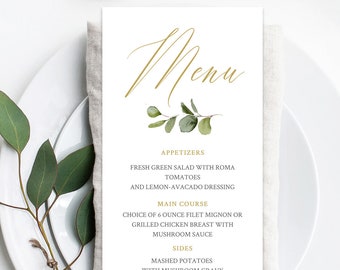 Wedding Menu Template, Rustic Greenery Wedding Dinner Menu, Editable Reception Card Printable, Botanical Leaf Wedding Menu Card #017-119