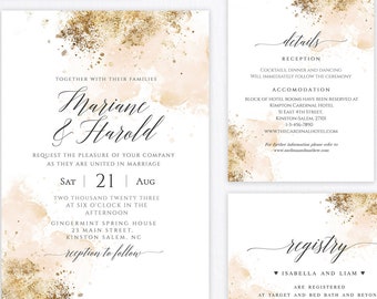 Blush and Gold Wedding Invitation, Printable Invite Template, Invitation Suite, Gold Glitter Wedding Set, Editable Wedding Kit, #022-113