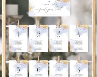 Baptism seating chart cards, Christening Dusty Blue and Gold hanging cards, Seating plan cards, Baptism boy printable template  #034-106