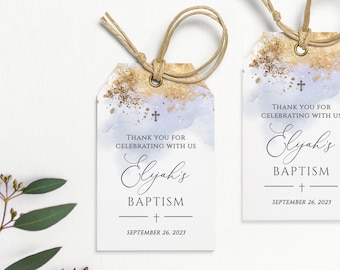 Christening Favor Tag Template, Boy Baptism Gift Tag, Dusty Blue and Gold Thank You Tag Template, Custom Gift tag, Baptism download #034-104