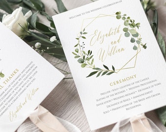 Greenery Fan Program Template, Boho Wreath Wedding Fan Program, Editable Foliage Wedding Order Of Ceremony, Rustic Wedding Ideas #017-111