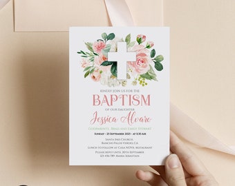 Baptism Invitation Girl Instant Download, Christening Invite, Pink Floral Bautizo invitation template, Confirmation, Religious #029-110