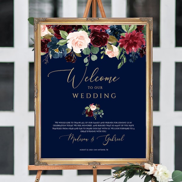Welcome Wedding Sign Template, Navy Blue Burgundy and Gold Welcome Wedding Printable, Royal blue Welcome Wedding Editable Sign #019-114