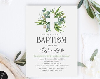 Baptism Boy Invitation, Rustic Christening Invite, Floral Greenery Bautizo invitation download template, Confirmation, Religious #028-110