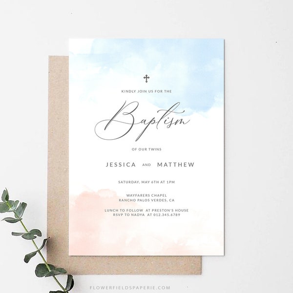 Baptism Twins Invitation Boy and Girl, Bautizo Invitation, Minimalist Christening Invite, Instant download template, Confirmation #B01-41