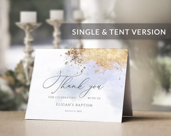 Baptism Thank You Card Template, Christening Boy Folded card, Dusty Blue and Gold Card, Luxury Watercolor DIY thank you card  #034-108