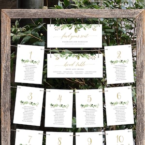 Modèle de tableau de sièges suspendus de mariage de verdure rustique, cartes suspendues de sièges, cartes de plan de sièges rustiques bricolage, mariage imprimable #018-106