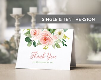 Baptism Thank You Card Girl Template, Boho Blush Wedding Thank you Tent Card, Pink Flowers Tent card, Editable Instant Download, #029-112