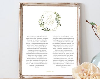 Vows Keepsake Wall Art, 1st Year Wedding Anniversary Gift, Boho Greenery Wedding Monogram Vows Printable, Editable Custom Template #017-118