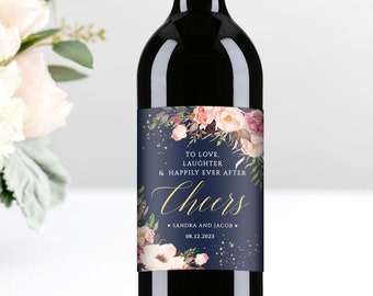 Wine Label Template, Navy and Pink Wedding Wine Labels, Navy and Blush Wedding Personalized Wine Labels, Editable Labels, PRINTABLE #026-110