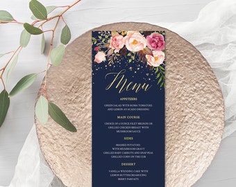 Wedding Menu Template,  Navy and Pink Wedding Dinner Menu, Navy Blush wedding Reception Card Printable, Boho Menu Template #026-119