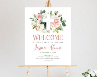 Baptism Welcome Sign Girl, Pink Flowers Baptism Big Sign Template, Christening Sign Nina, Editable Printable, Bautizo Bienvenidos #029-111