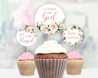 Baptism Cupcake Toppers Girl Template, Pink Floral Cup cake Topper, Baby Shower Decor Ideas, Printable Floral Cupcake Toppers #029-107