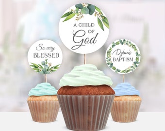 Rustic Baptism Cupcake Toppers Template, Greenery Cupcake Topper, Christening Boy Decor Ideas, Printable Religious Cupcake Toppers #028-107