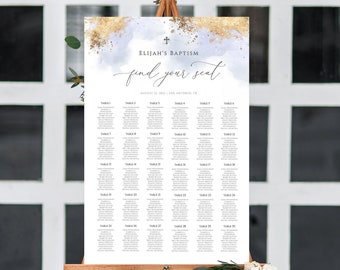 Baptism seating chart, Christening Boy Seating chart template, Editable Wedding Table large seating chart, Dusty Blue and Gold Sign #034-105