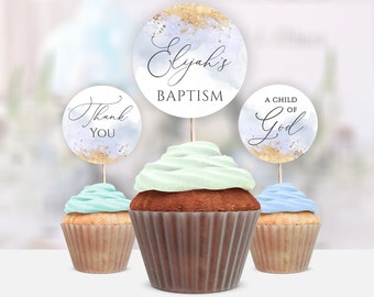 Baptism Cupcake Toppers Template, Boy Christening Cupcake Topper, Dusty blue and gold Printable Religious Cupcake Toppers, DIY #034-143