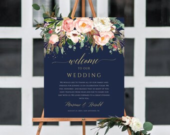 Welcome Wedding Sign Template, Navy and Pink Welcome Wedding Printable Sign, Navy Blush wedding Welcome Wedding Editable Sign #026-114