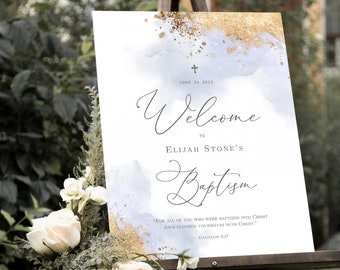 Baptism Welcome Sign Boy Template, Christening Welcome Sign, Dusty Blue and Gold Sign, Luxury Bautizo Ninos Bienvenidos DOWNLOAD #034-114