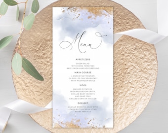 Dusty Blue and gold Dinner Menu, Editable template for boy Baptism, Boy Christening Menu card, Boho Menu Template #034-119