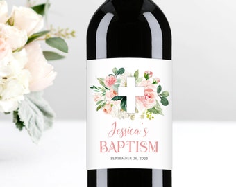 Baptism Wine Label Template for girl, Baptism Wine Bottle Stickers, Bautizo Nina, Rustic Blush Flowers Wine Labels, PRINTABLE #029-105
