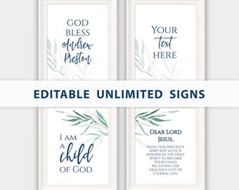 Custom Baptism Sign Template, Greenery Custom Sign, Unlimited Signs, Baptism Boy Decor, Bautizo Nino Printable Editable Sign  #027-108