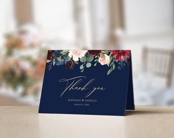 Folded Dusty Blue and Blush Invitation Card Wedding Thank You Card Template Winter Wedding ideas Printable Thank You Card #025-108