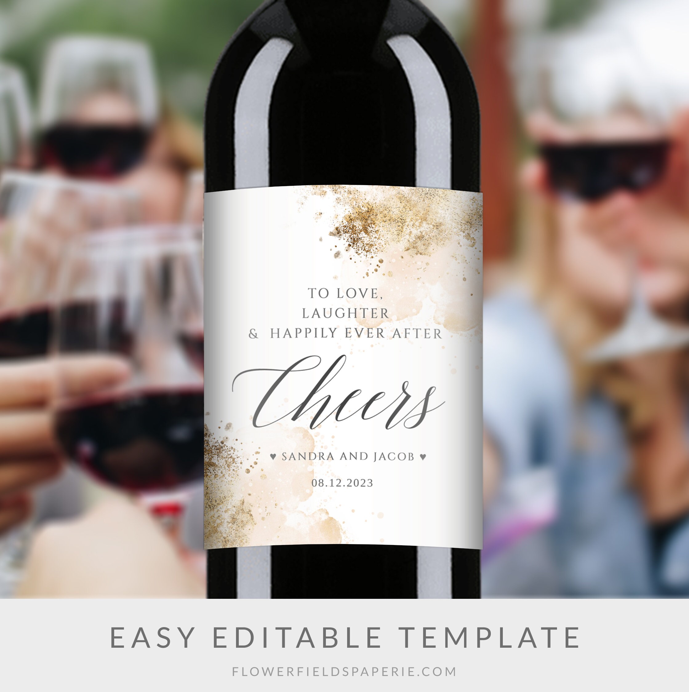 Wine Label Template, Blush and Gold Glitter Wedding Wine Labels, Personalized Luxury Wine Labels ...