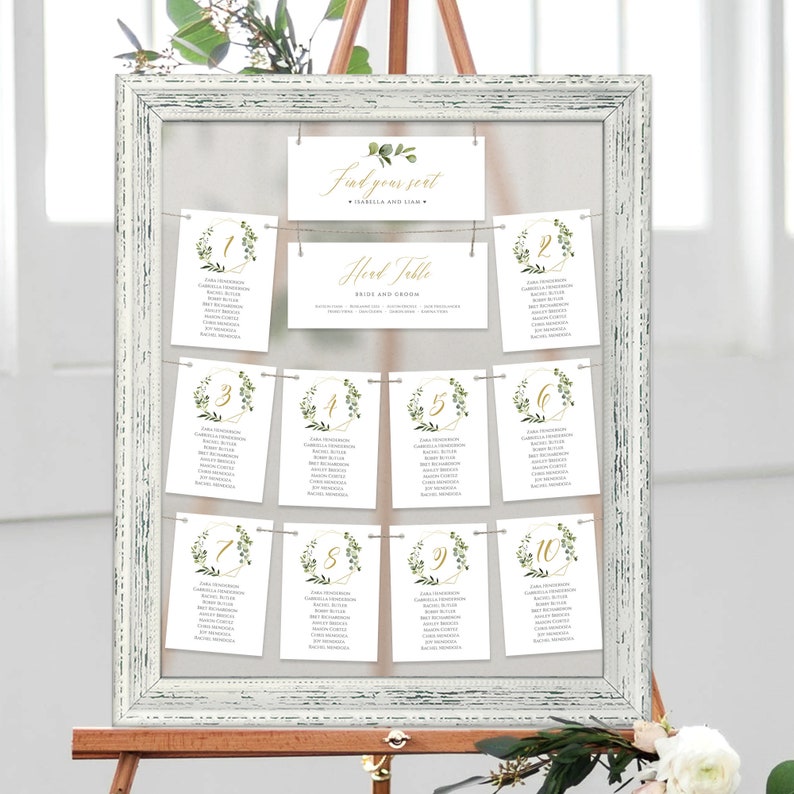 Greenery Seating plan cards Boho wedding hanging cards Printable wedding #017-106 Rustic Greenery Wedding hanging seating chart template