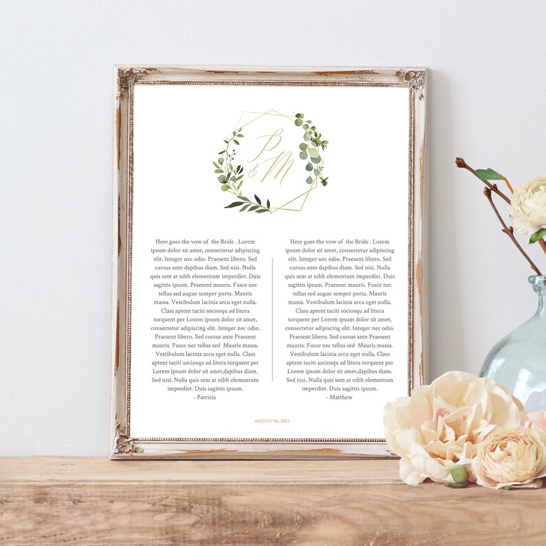 Vows Keepsake Wall Art, 1st Year Wedding Anniversary Gift, Boho Greenery Wedding Monogram Vows Printable, Editable Custom Template 017-118 image 3