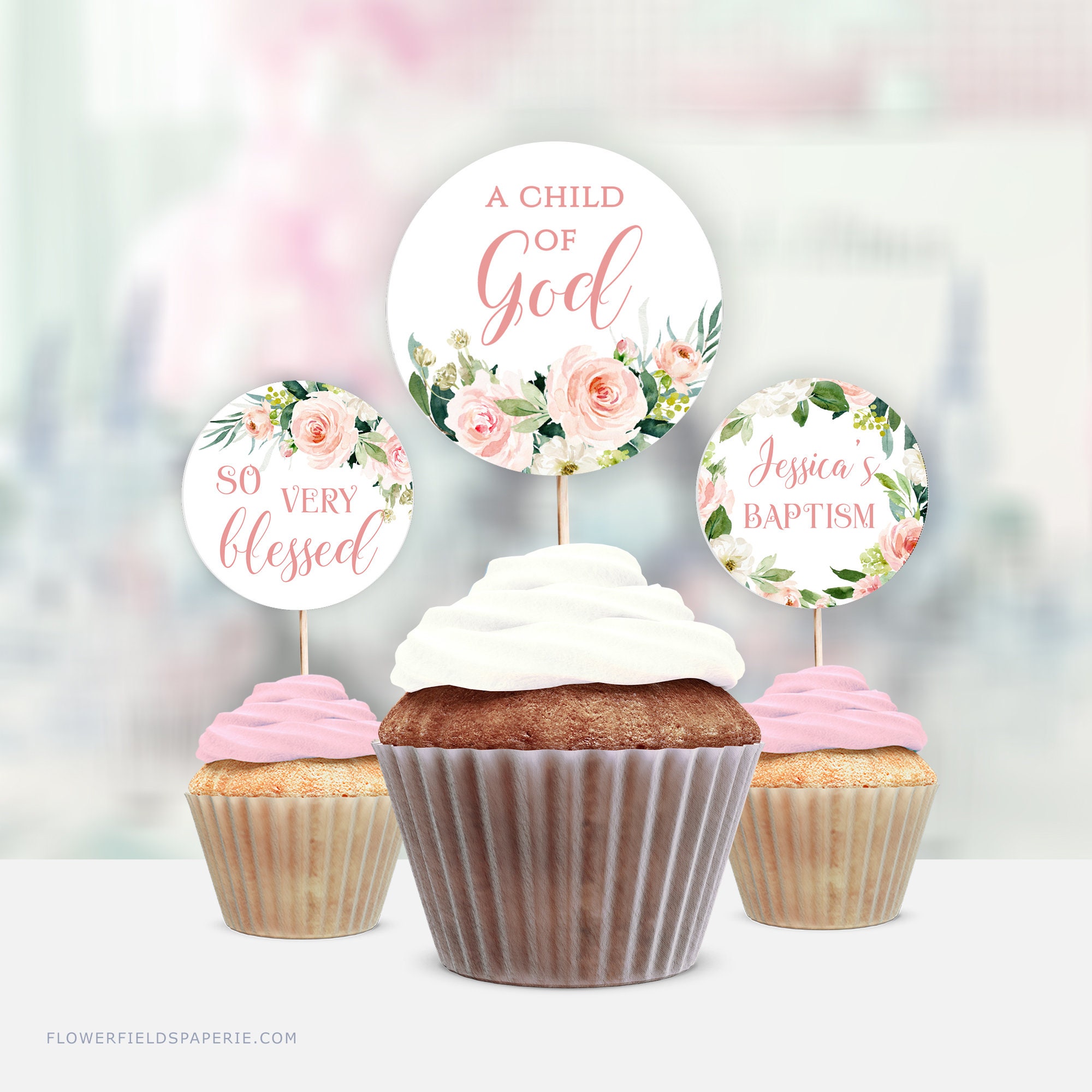 Baptism Cupcake Toppers Girl Template Pink Floral Cup Cake - Etsy