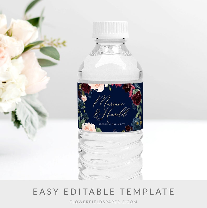 Water Bottle Label Template, Printable Watter Bottle Stickers, Navy Blue Burgundy and Gold Water Bottle Label, Wedding Favor Ideas 019-129 image 5