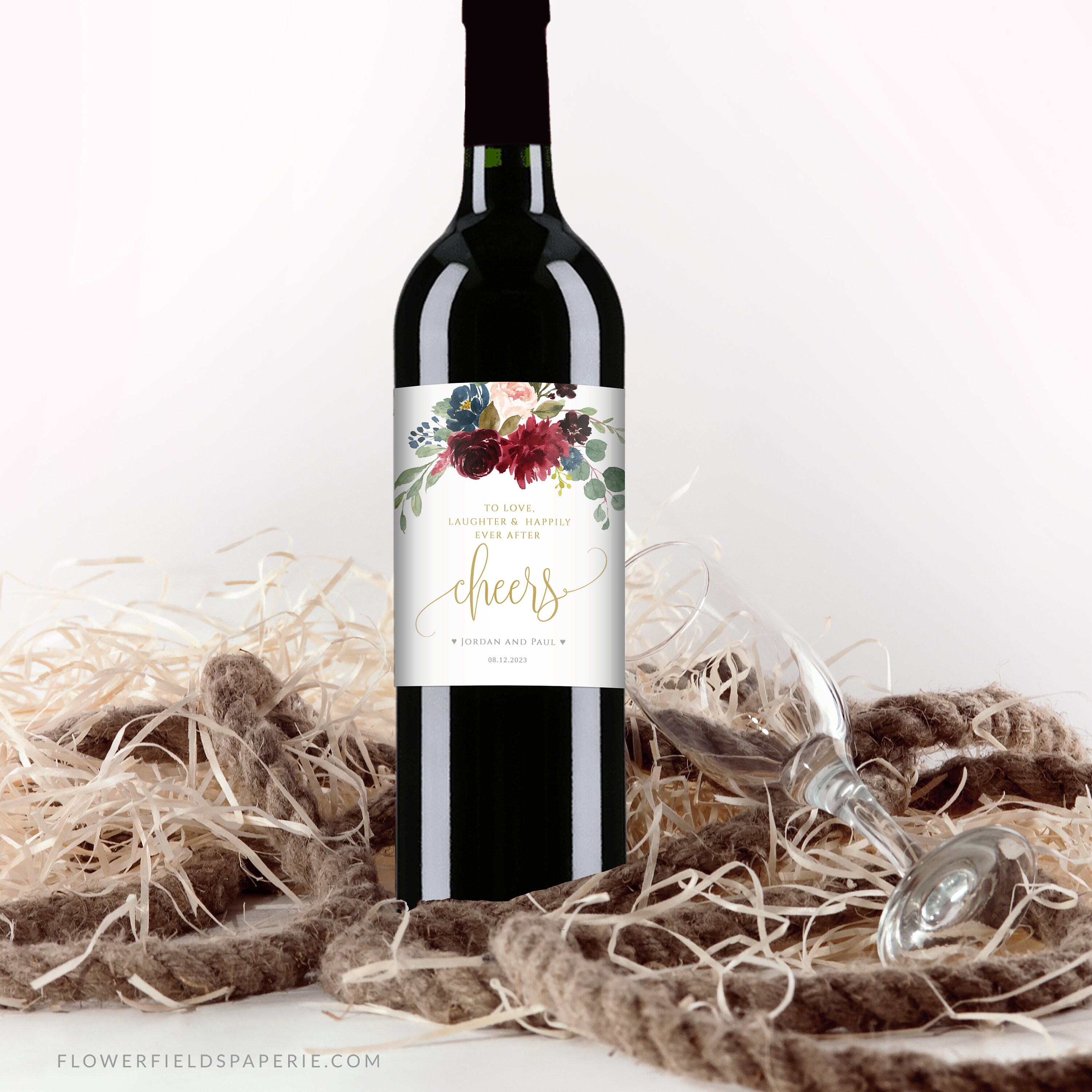Wine Label Template, Navy Blue Marsala and Blush Wedding ...