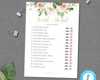 Bridal Shower Games Printable, He Said She Said, Hen Party, Instant Download, Rustic Bridal Game, Boho Blush Flowers, Editable Template #029