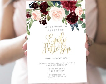Navy and Burgundy Bridal Shower Invite, Floral Marsala and Blush DIY Bridal Invitation, Burgundy and Gold Editable Template #020-101