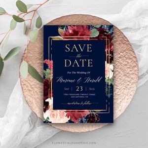 Save the Date Vorlage, Marine und Burgund Save the Date Printable, Floral Save the Date bearbeitbare Vorlage, Blau und Gold DIY Karte #019-112