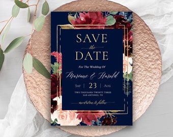 Save the Date Template, Navy and Burgundy Save the Date Printable, Floral Save the date Editable Template, Blue and Gold DIY card #019-112